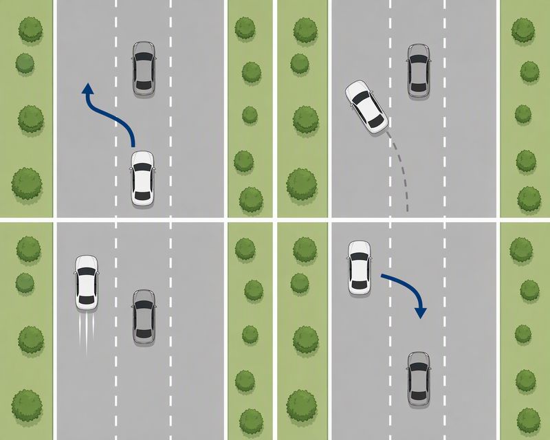 超车四个动作环节的俯视示意图:本车道跟车、打灯观察、小角度向左带方向、进入左侧车道后回正